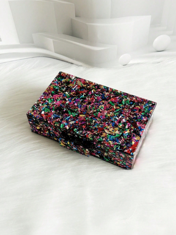 Estélyi táska akrilból, vízszintes négyzet alakú, mágneses csattal, mobiltelefon zseb, pamut bélés