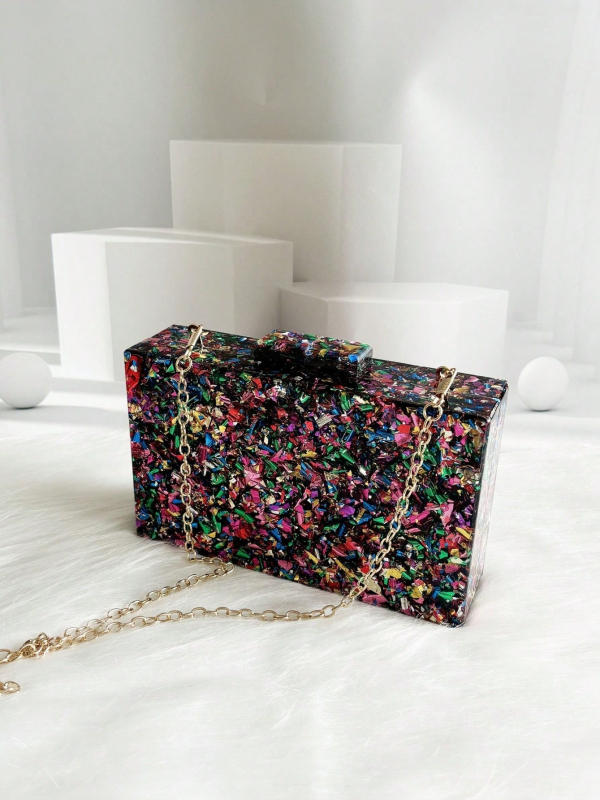 Estélyi táska akrilból, vízszintes négyzet alakú, mágneses csattal, mobiltelefon zseb, pamut bélés