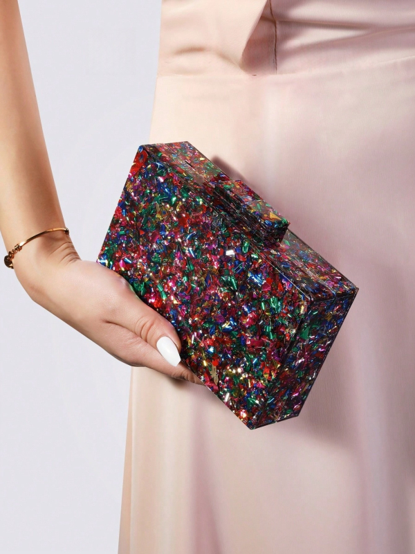 Estélyi táska akrilból, vízszintes négyzet alakú, mágneses csattal, mobiltelefon zseb, pamut bélés