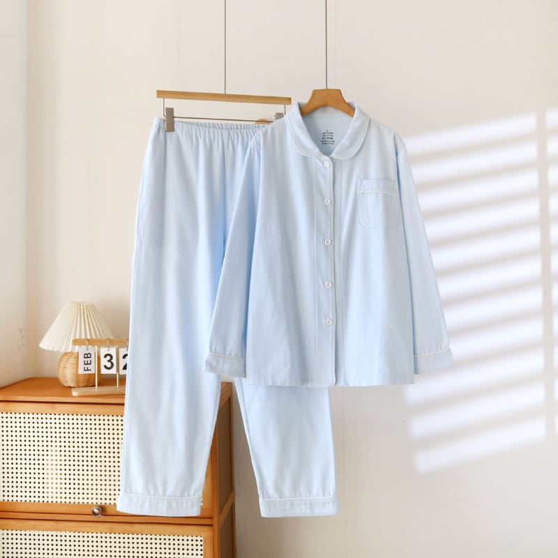 Ženski set pidžama od čiste pamuka s brušenom teksturom, debela zimska toplina, s ovratnikom tipa lapel, dugim rukavima i hlačama, jednostavan kućni stil