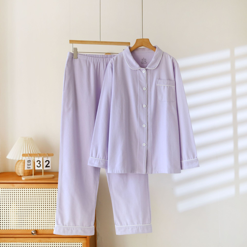 Ženski set pidžama od čiste pamuka s brušenom teksturom, debela zimska toplina, s ovratnikom tipa lapel, dugim rukavima i hlačama, jednostavan kućni stil