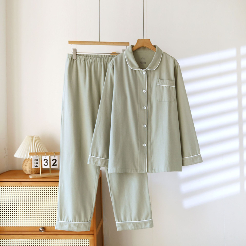 Ženski set pidžama od čiste pamuka s brušenom teksturom, debela zimska toplina, s ovratnikom tipa lapel, dugim rukavima i hlačama, jednostavan kućni stil