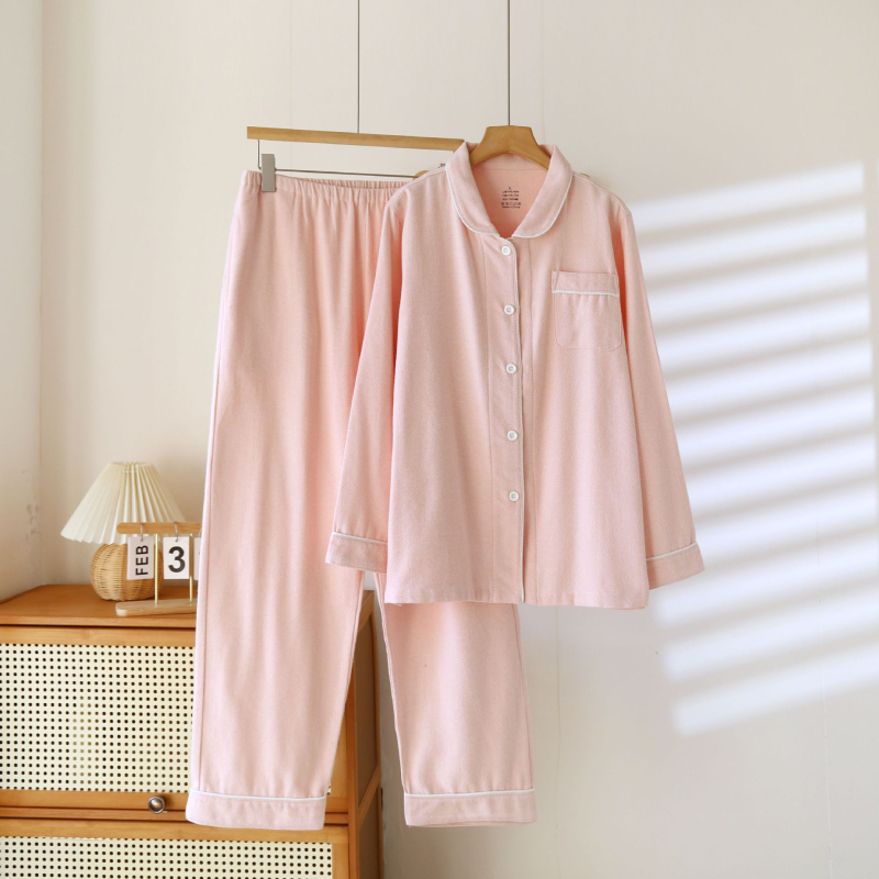 Ženski set pidžama od čiste pamuka s brušenom teksturom, debela zimska toplina, s ovratnikom tipa lapel, dugim rukavima i hlačama, jednostavan kućni stil