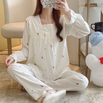 Ženski set pidžama — dulji rukavi, otisnute pidžame, Cloud Cotton, srednje debljine, kvadratni ovratnik