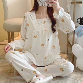 Ženski set pidžama — dulji rukavi, otisnute pidžame, Cloud Cotton, srednje debljine, kvadratni ovratnik