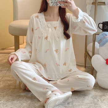 Ženski set pidžama — dulji rukavi, otisnute pidžame, Cloud Cotton, srednje debljine, kvadratni ovratnik