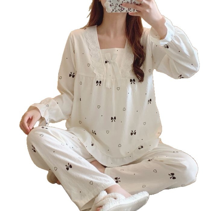 Ženski set pidžama — dulji rukavi, otisnute pidžame, Cloud Cotton, srednje debljine, kvadratni ovratnik