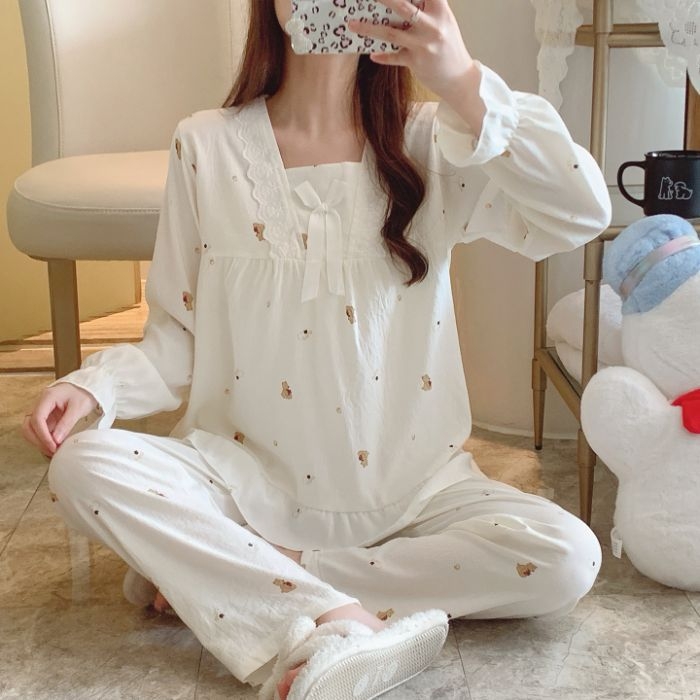 Ženski set pidžama — dulji rukavi, otisnute pidžame, Cloud Cotton, srednje debljine, kvadratni ovratnik