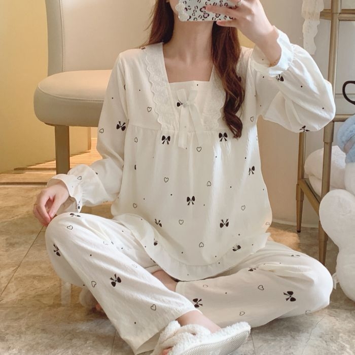 Ženski set pidžama — dulji rukavi, otisnute pidžame, Cloud Cotton, srednje debljine, kvadratni ovratnik