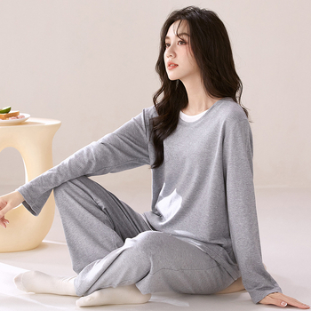 Ženski pidžama set od 100% pamuka, kapuljača, minimalistički stil, okrugli ovratnik, dugi rukavi, dugi hlače, prozračan