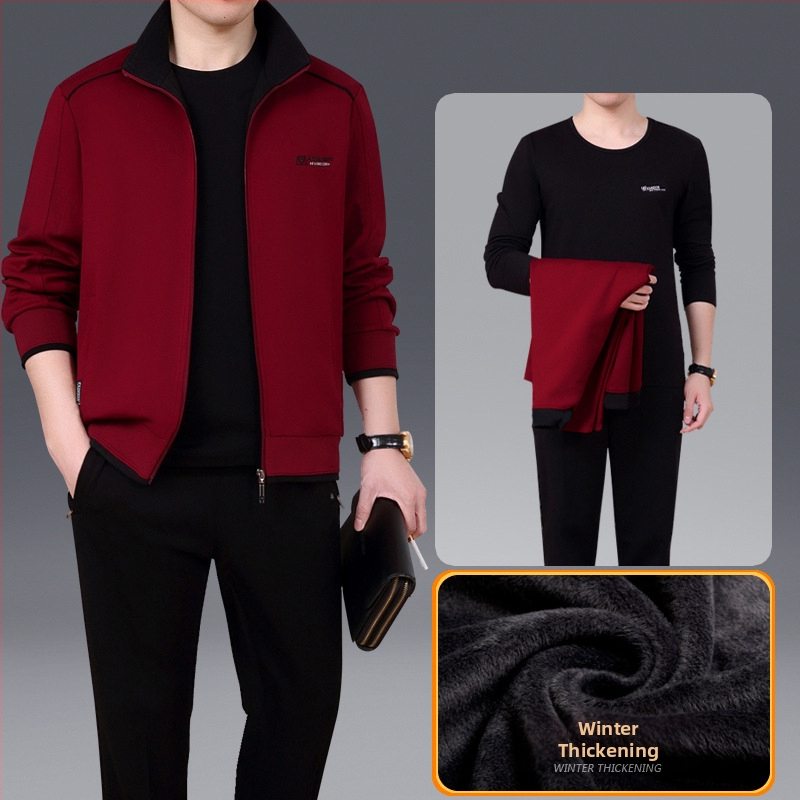 Унисекс спортен костюм за зима, памучна материя, поло яка, дебела флийс подплата