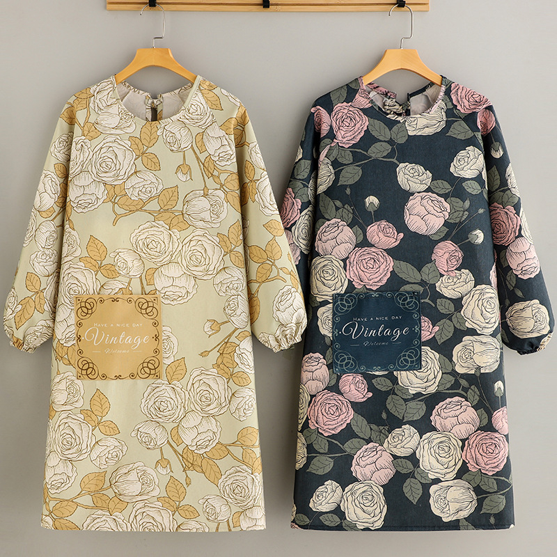 Pregača s dugim rukavima, bambus-pamučna tkanina, otporna na prljavštinu, korejskog stila, cvjetni uzorak