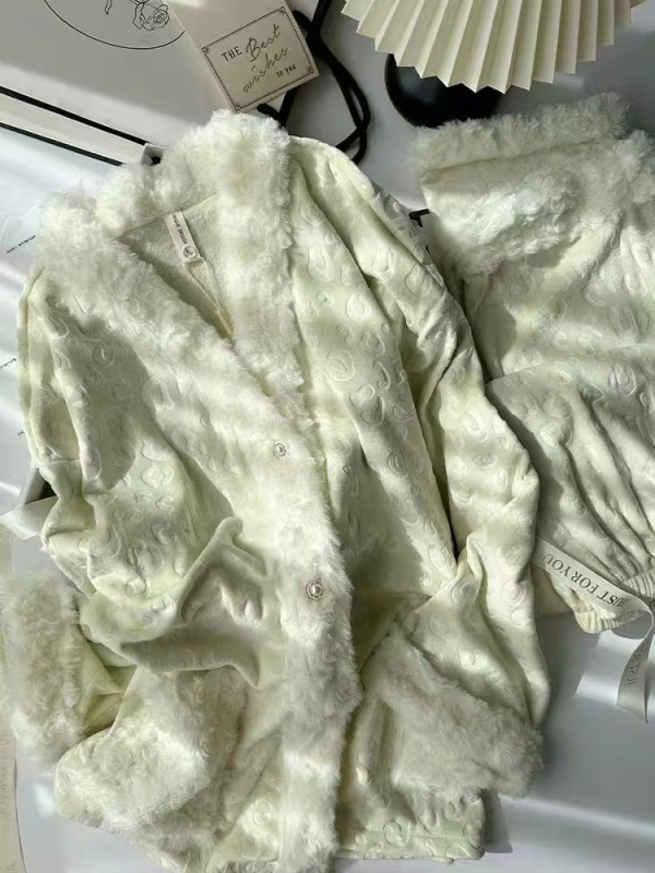 Ženski Island velvet pidžama set, dugi rukavi, V-izrez, debeo, udoban kućni outfit, dva dijela