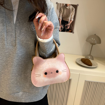 Retro tote torba s mačjom glavom - PU materijal, okrugli oblik, zatvarač, najlonska podstava, s jednom naramenicom