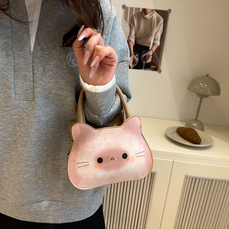 Retro tote torba s mačjom glavom - PU materijal, okrugli oblik, zatvarač, najlonska podstava, s jednom naramenicom