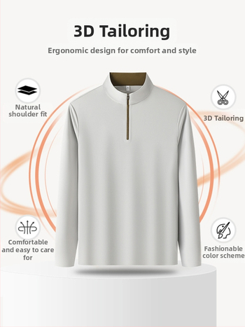 Muški dugi rukav T‑shirt sa stojećim ovratnikom i zatvaračem – antibakterijska smjesa najlona i spandeksa, jednobojno, bez kapuljače, pogodno za jesen-zimu