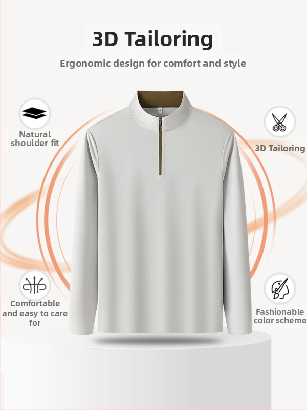 Muški dugi rukav T‑shirt sa stojećim ovratnikom i zatvaračem – antibakterijska smjesa najlona i spandeksa, jednobojno, bez kapuljače, pogodno za jesen-zimu