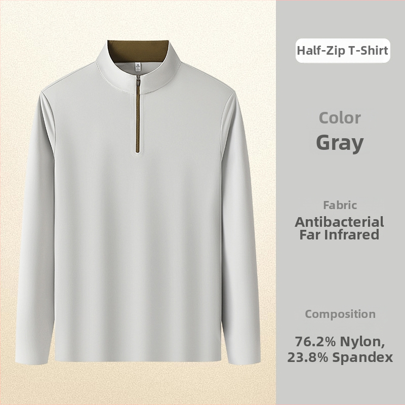 Muški dugi rukav T‑shirt sa stojećim ovratnikom i zatvaračem – antibakterijska smjesa najlona i spandeksa, jednobojno, bez kapuljače, pogodno za jesen-zimu