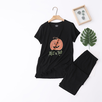 Ženski ljetni set pidžama – kratki rukavi, okrugli izrez, pletena pamuk, lagan i prozračan, cropped hlače za kućnu upotrebu