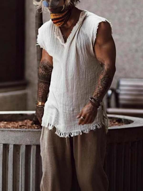 Ανδρικό αμάνικο τοπ από βαμβάκι – μονόχρωμο, χαλαρή γραμμή, street στυλ (Βασική υφάσματα: βαμβάκι; Όνομα υφάσματος: βαμβακερό μίγμα; Μοτίβο: μονόχρωμο; Έκδοση: χαλαρή γραμμή; Στυλ: street)