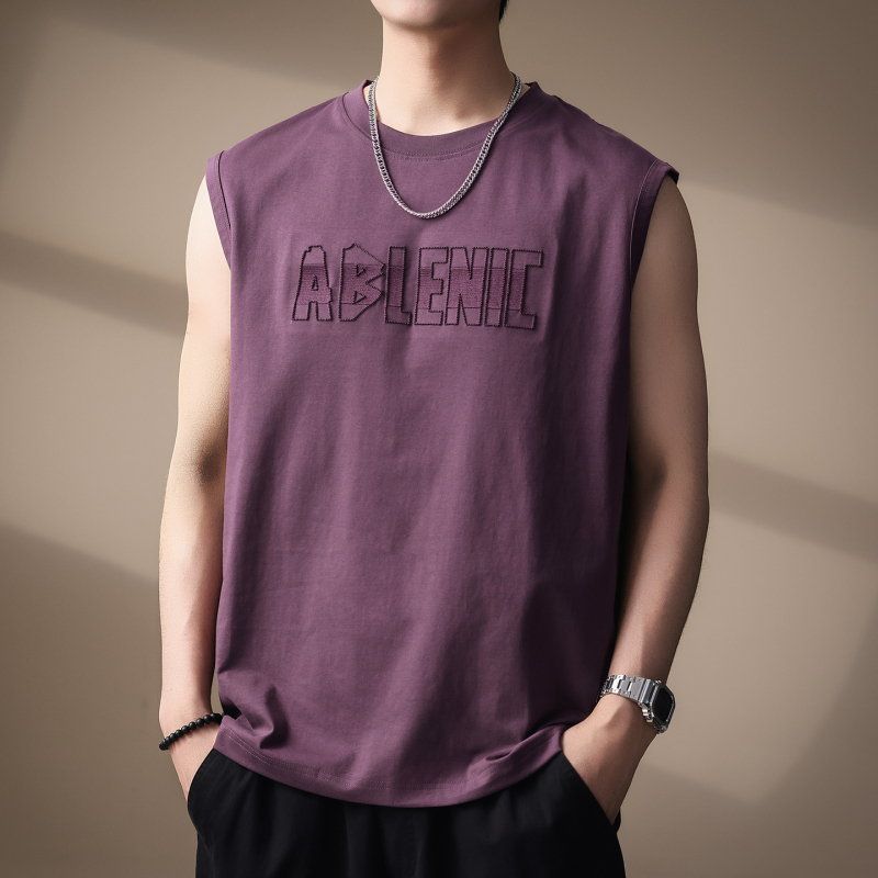 Ανδρικό T-shirt χωρίς μανίκια με κέντημα γραμμάτων, ύφασμα 80% βαμβάκι / 20% πολυεστέρας, χαλαρή γραμμή για καλοκαίρι, αστικός στυλ