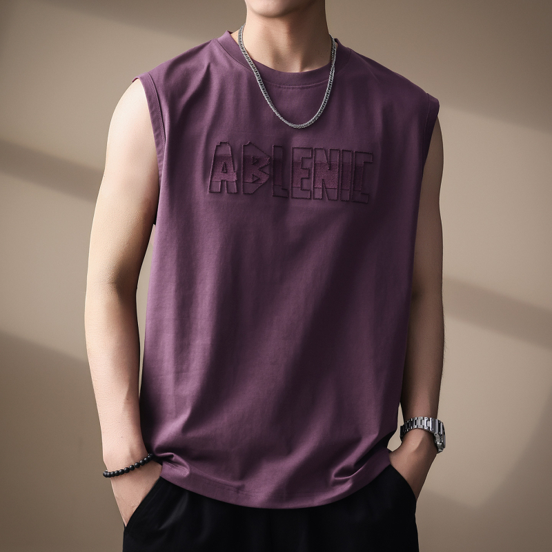 Ανδρικό T-shirt χωρίς μανίκια με κέντημα γραμμάτων, ύφασμα 80% βαμβάκι / 20% πολυεστέρας, χαλαρή γραμμή για καλοκαίρι, αστικός στυλ