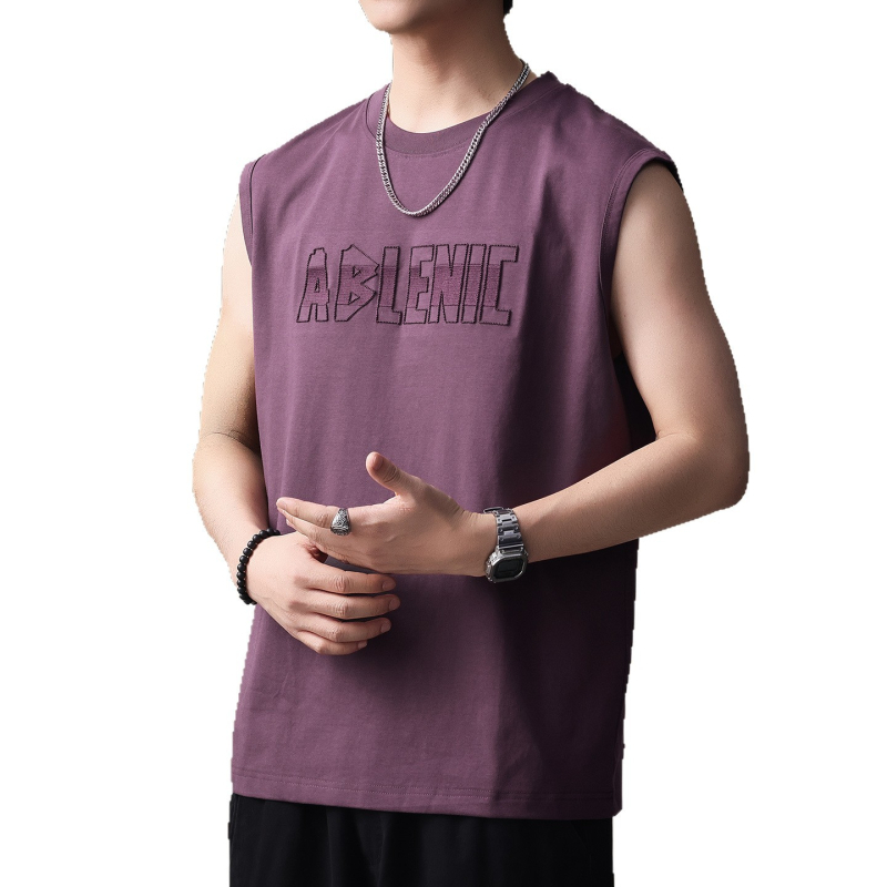 Ανδρικό T-shirt χωρίς μανίκια με κέντημα γραμμάτων, ύφασμα 80% βαμβάκι / 20% πολυεστέρας, χαλαρή γραμμή για καλοκαίρι, αστικός στυλ