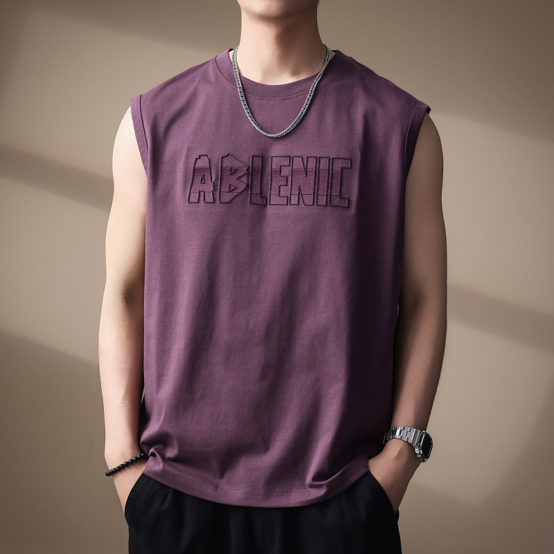 Ανδρικό T-shirt χωρίς μανίκια με κέντημα γραμμάτων, ύφασμα 80% βαμβάκι / 20% πολυεστέρας, χαλαρή γραμμή για καλοκαίρι, αστικός στυλ