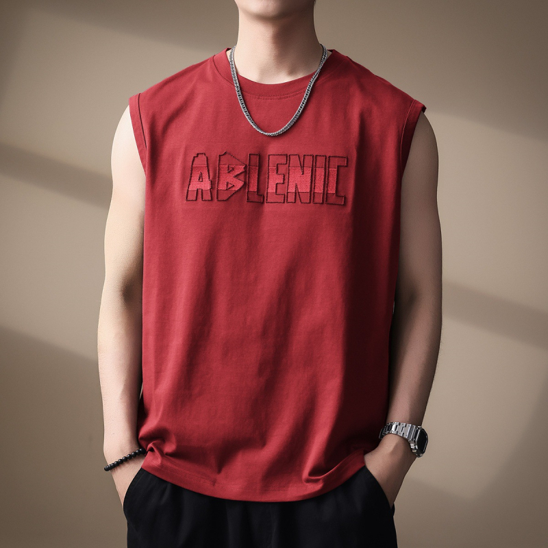 Ανδρικό T-shirt χωρίς μανίκια με κέντημα γραμμάτων, ύφασμα 80% βαμβάκι / 20% πολυεστέρας, χαλαρή γραμμή για καλοκαίρι, αστικός στυλ