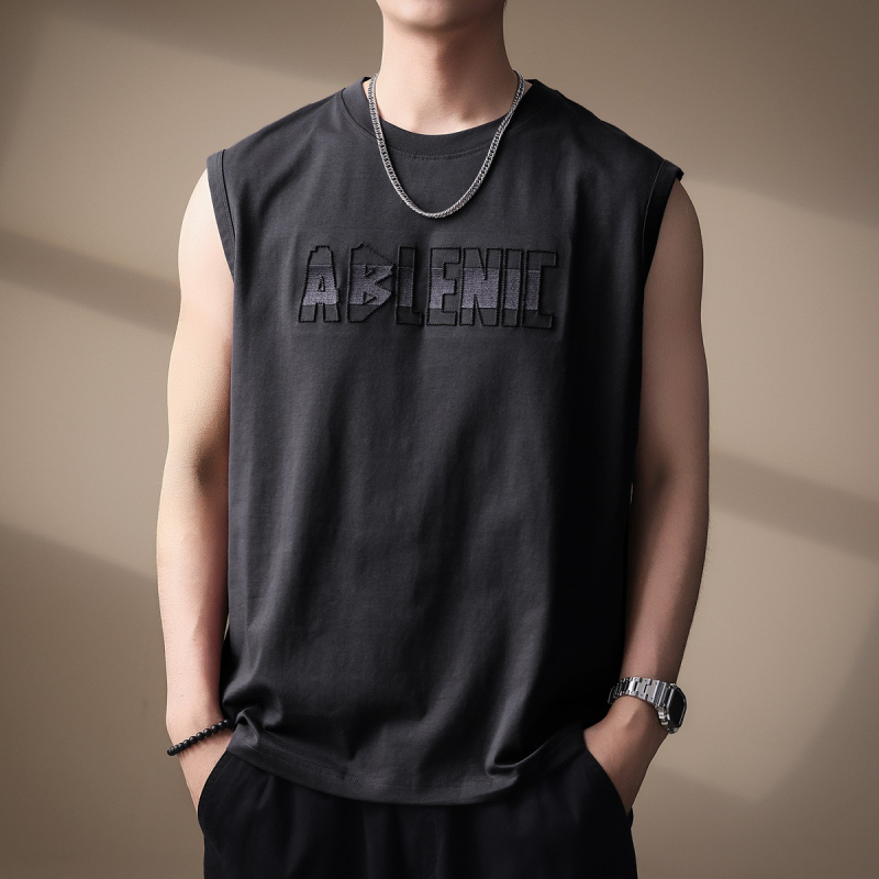 Ανδρικό T-shirt χωρίς μανίκια με κέντημα γραμμάτων, ύφασμα 80% βαμβάκι / 20% πολυεστέρας, χαλαρή γραμμή για καλοκαίρι, αστικός στυλ