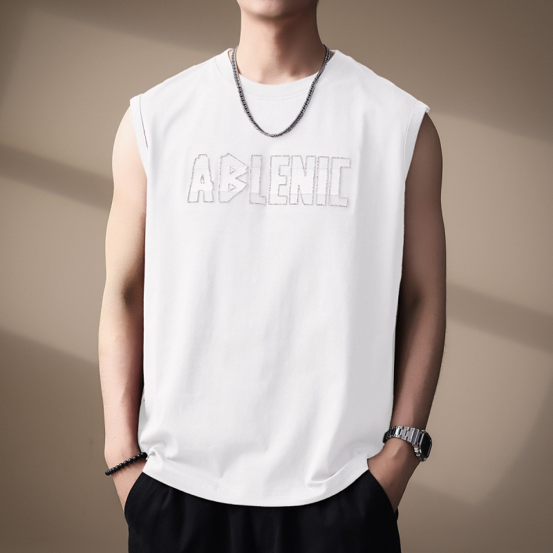 Ανδρικό T-shirt χωρίς μανίκια με κέντημα γραμμάτων, ύφασμα 80% βαμβάκι / 20% πολυεστέρας, χαλαρή γραμμή για καλοκαίρι, αστικός στυλ