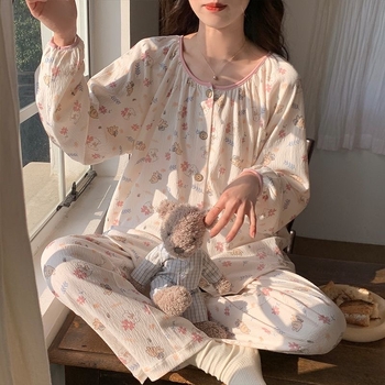 Pajamski set s tiskom u kardigan stilu od bubble pamuka, dugi rukavi i hlače