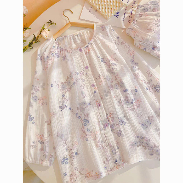 Pajamski set s tiskom u kardigan stilu od bubble pamuka, dugi rukavi i hlače