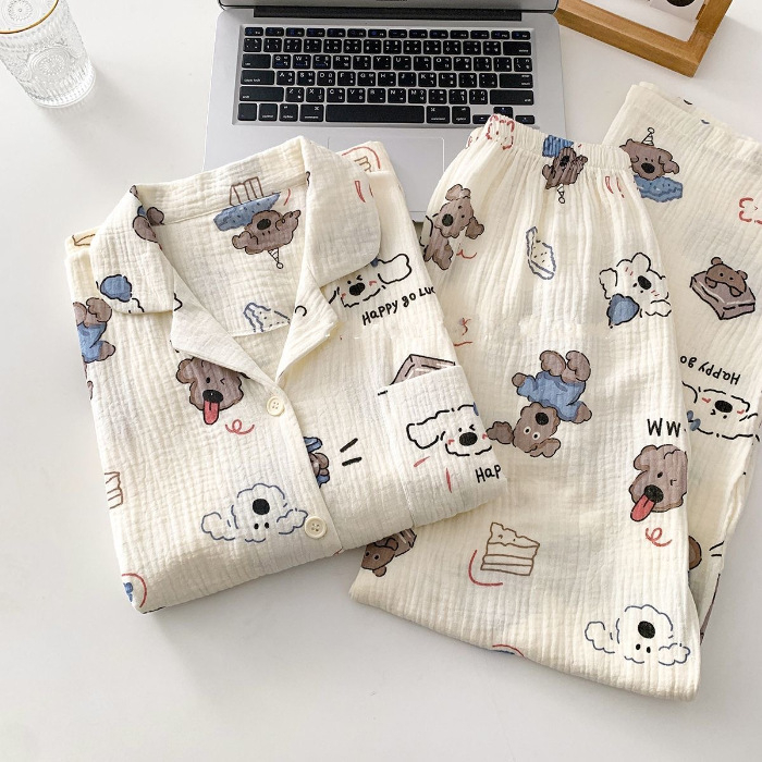 Pajamski set s tiskom u kardigan stilu od bubble pamuka, dugi rukavi i hlače
