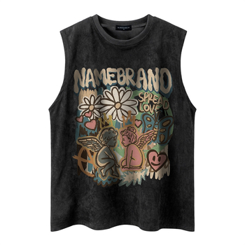 Ανδρικό αμάνικο γιλέκο με ρετρό εκτύπωση, ύφασμα βαμβακό-μίγμα 90% βαμβάκι, σχέδιο με γράμματα, άνετη γραμμή, καλοκαίρι 2024