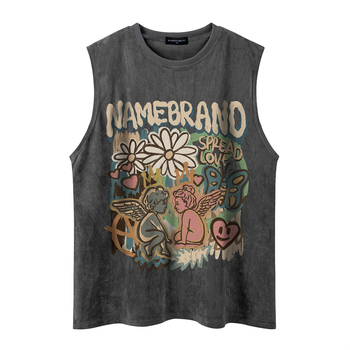 Ανδρικό αμάνικο γιλέκο με ρετρό εκτύπωση, ύφασμα βαμβακό-μίγμα 90% βαμβάκι, σχέδιο με γράμματα, άνετη γραμμή, καλοκαίρι 2024