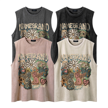 Ανδρικό αμάνικο γιλέκο με ρετρό εκτύπωση, ύφασμα βαμβακό-μίγμα 90% βαμβάκι, σχέδιο με γράμματα, άνετη γραμμή, καλοκαίρι 2024