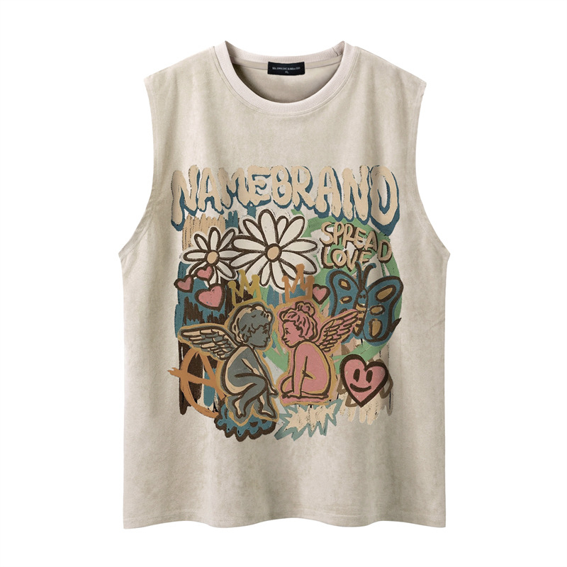 Ανδρικό αμάνικο γιλέκο με ρετρό εκτύπωση, ύφασμα βαμβακό-μίγμα 90% βαμβάκι, σχέδιο με γράμματα, άνετη γραμμή, καλοκαίρι 2024