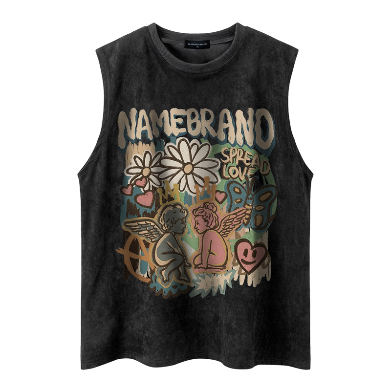 Ανδρικό αμάνικο γιλέκο με ρετρό εκτύπωση, ύφασμα βαμβακό-μίγμα 90% βαμβάκι, σχέδιο με γράμματα, άνετη γραμμή, καλοκαίρι 2024