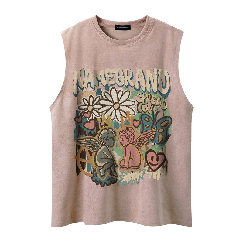 Ανδρικό αμάνικο γιλέκο με ρετρό εκτύπωση, ύφασμα βαμβακό-μίγμα 90% βαμβάκι, σχέδιο με γράμματα, άνετη γραμμή, καλοκαίρι 2024