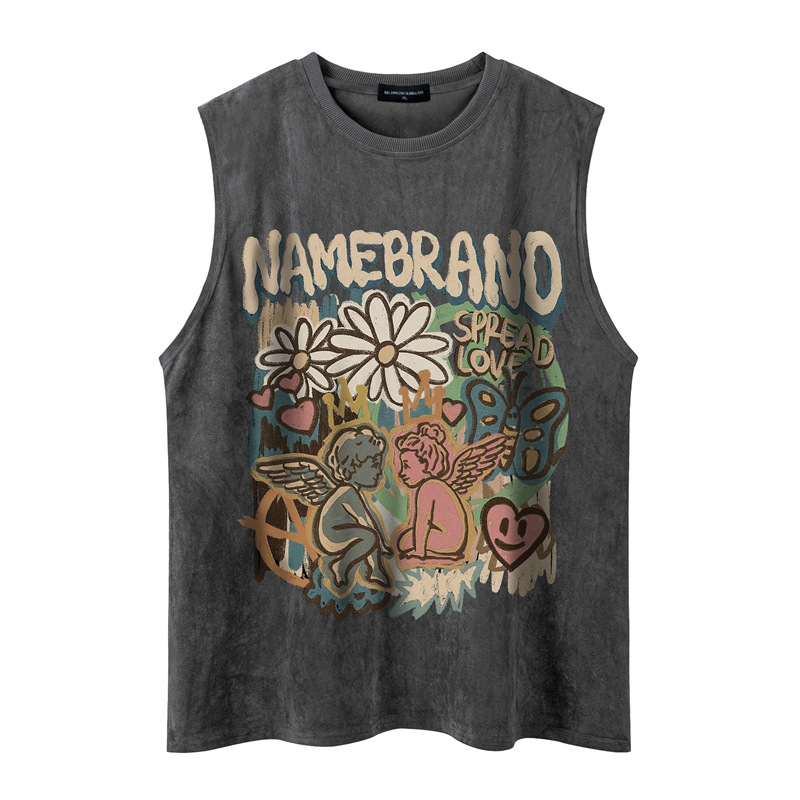 Ανδρικό αμάνικο γιλέκο με ρετρό εκτύπωση, ύφασμα βαμβακό-μίγμα 90% βαμβάκι, σχέδιο με γράμματα, άνετη γραμμή, καλοκαίρι 2024