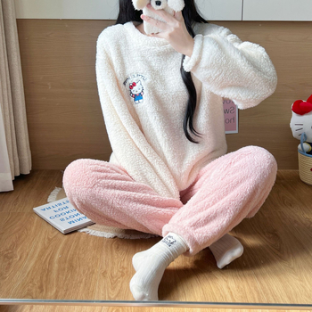 Női Ant Velvet vastagított pizsama szett, kollégiumi stílus, kerek nyakú, hosszú ujjú
