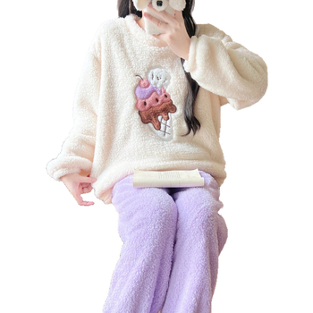 Női Ant Velvet vastagított pizsama szett, kollégiumi stílus, kerek nyakú, hosszú ujjú