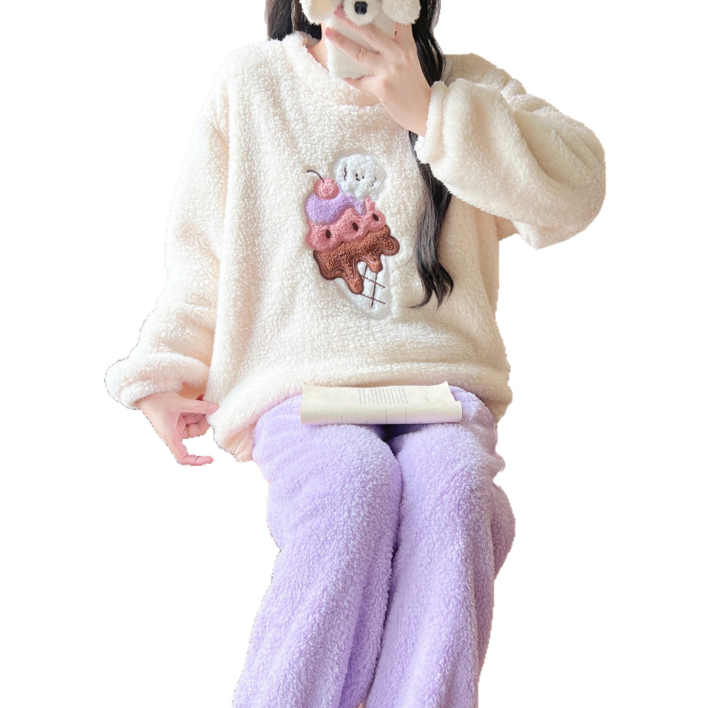 Női Ant Velvet vastagított pizsama szett, kollégiumi stílus, kerek nyakú, hosszú ujjú