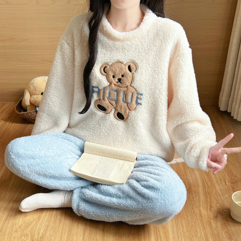 Női Ant Velvet vastagított pizsama szett, kollégiumi stílus, kerek nyakú, hosszú ujjú