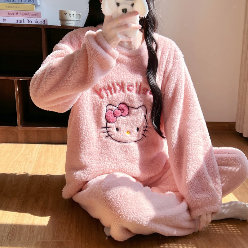 Női Ant Velvet vastagított pizsama szett, kollégiumi stílus, kerek nyakú, hosszú ujjú