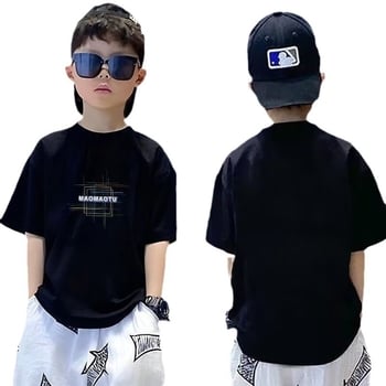 Fiúknak való pamut rövid ujjú póló, karikatúra nyomással, kerek nyakú, nedvességelvezető, nyár