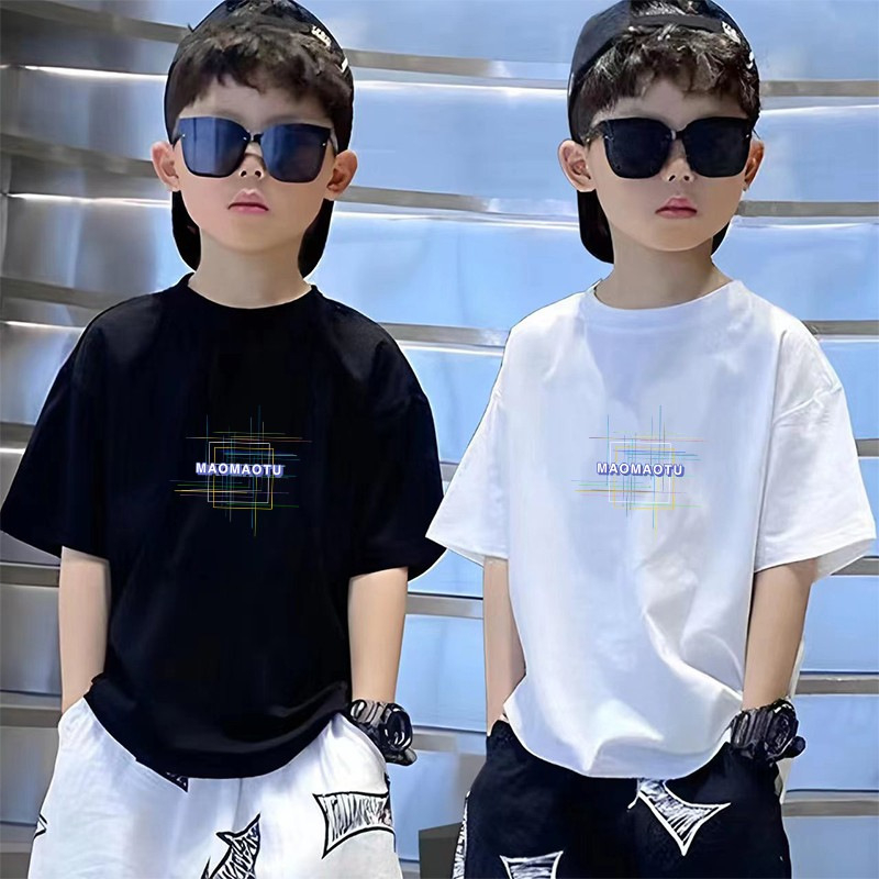 Fiúknak való pamut rövid ujjú póló, karikatúra nyomással, kerek nyakú, nedvességelvezető, nyár