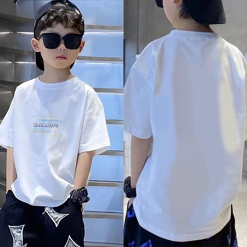 Fiúknak való pamut rövid ujjú póló, karikatúra nyomással, kerek nyakú, nedvességelvezető, nyár