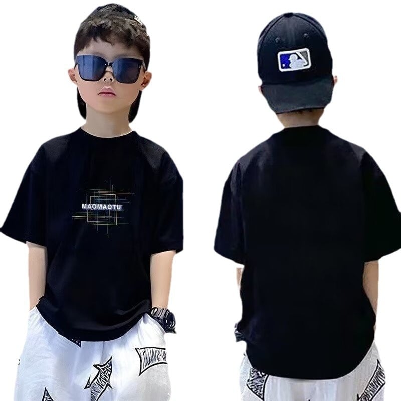 Fiúknak való pamut rövid ujjú póló, karikatúra nyomással, kerek nyakú, nedvességelvezető, nyár